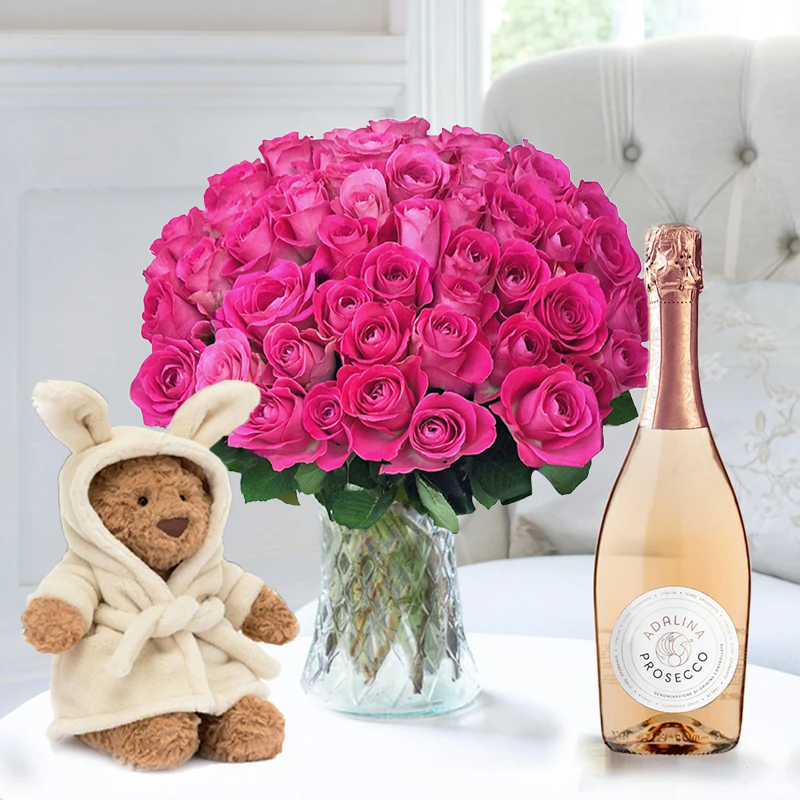 Flower Gift Set - 50 Pink Roses, Jellycat Bartholomew Bear Bathrobe & Adalina Rosé Prosecco - Next Day Flower & Gift Delivery UK