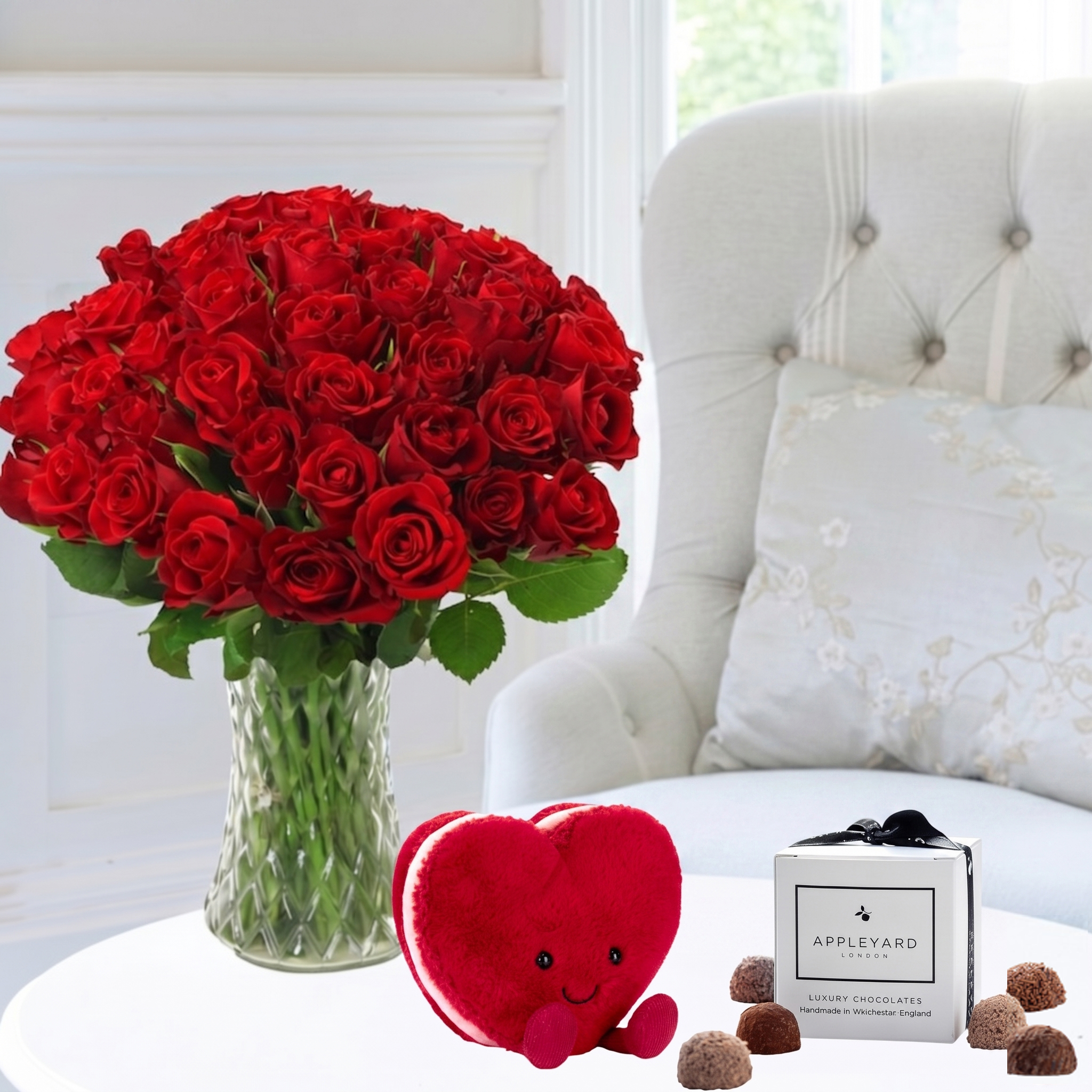 50 Red Roses, Jellycat Red Heart Macaron, 6 Handmade Truffles - Next Day Flower & Gift Delivery UK - Appleyard London