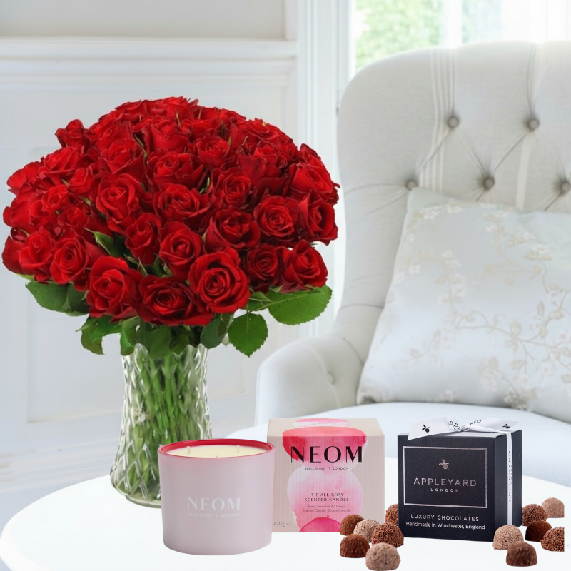 50 Red Roses, NEOM It's All Rosy Candle & 12 Mixed Truffles - Next Day Flower & Gift Delivery UK - Appleyard London