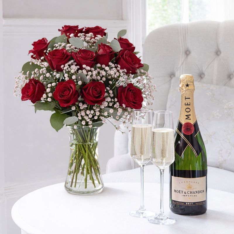 Flower Gift Set - 12 Large Headed Red Roses & Moët & Chandon - Next Day Flower & Gift Delivery UK - Appleyard London