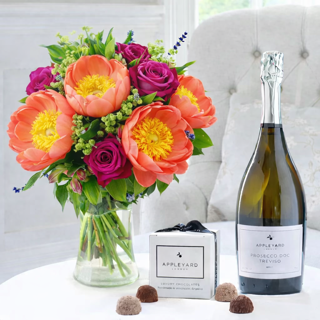 Pomegranate Rose & Pink Peony, Prosecco & 6 Truffles - Pink - Flower Gift Set - Next Day Flower & Gift Delivery UK - Appleyard London