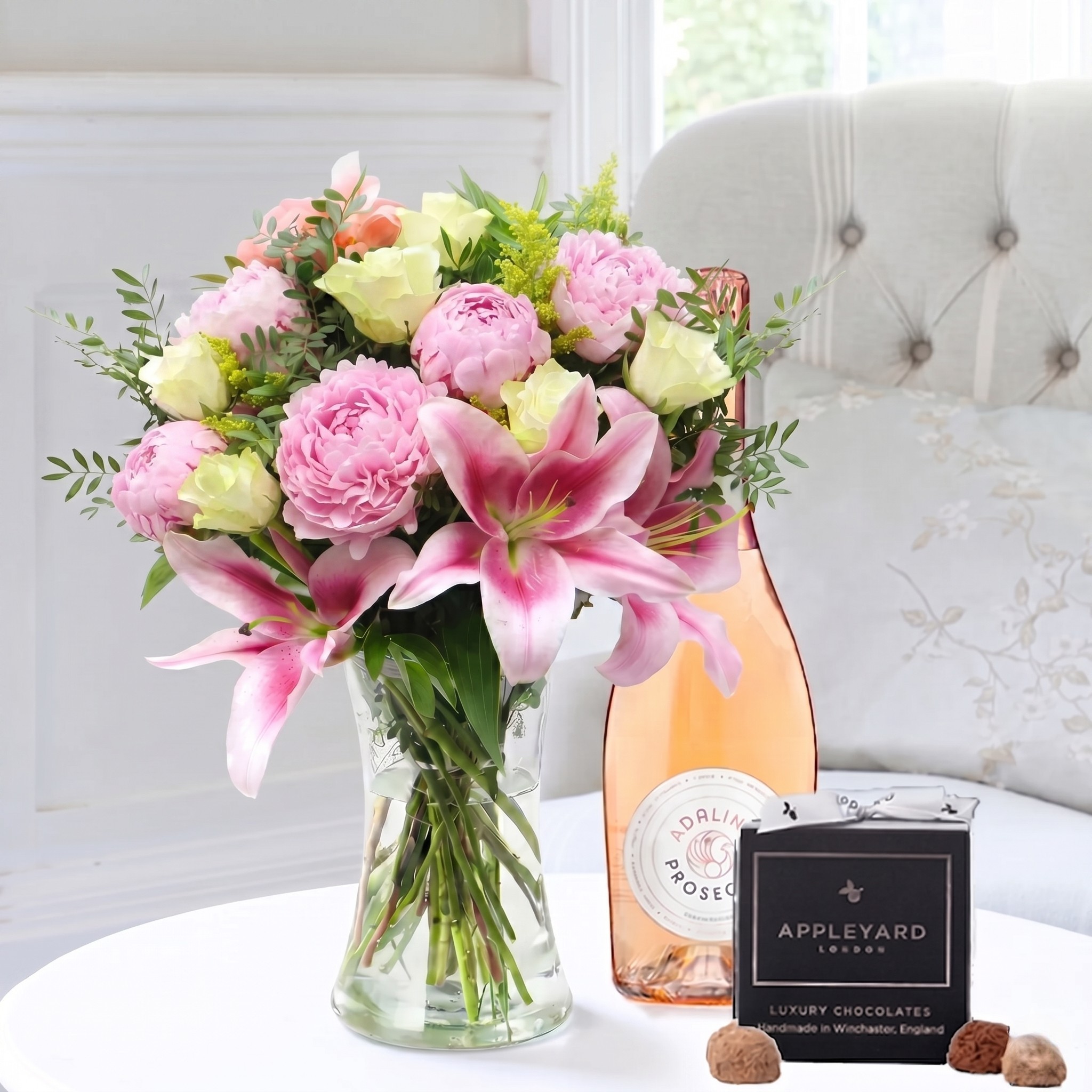 Flower Gift Set - Coral Charm Peony, Rose & Lily, Rosé Adalina Prosecco & Appleyard 12 Luxury Mixed Truffles - Pink - Peonies - Next Day Flower & Gift