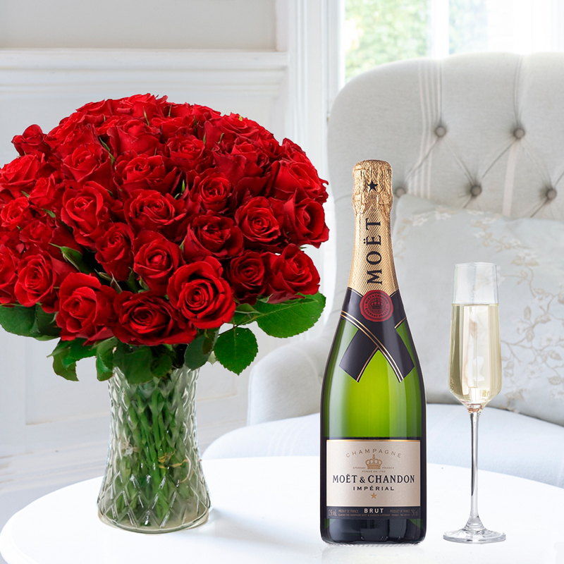 Flower Gift Set - 50 Red Roses & Moët & Chandon - Next Day Flower & Gift Delivery UK - Appleyard London