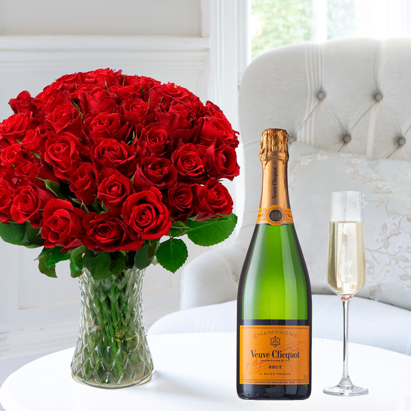 Flower Gift Set - 50 Red Roses & Veuve Clicquot - Next Day Flower & Gift Delivery UK - Appleyard London