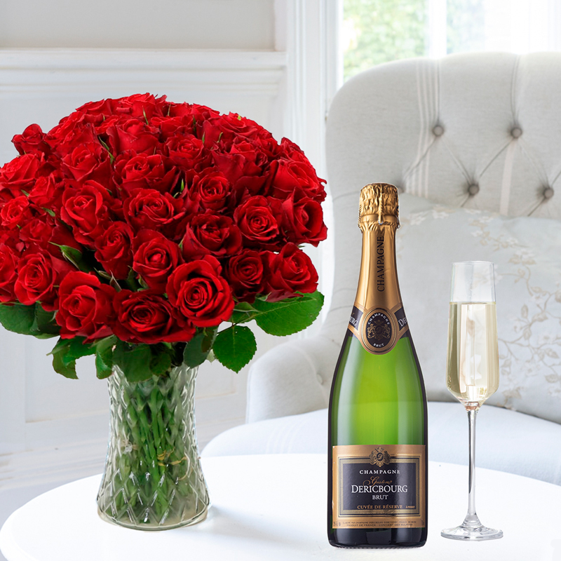 Flower Gift Set - 50 Red Roses & Champagne Dericbourg - Next Day Flower & Gift Delivery UK - Appleyard London