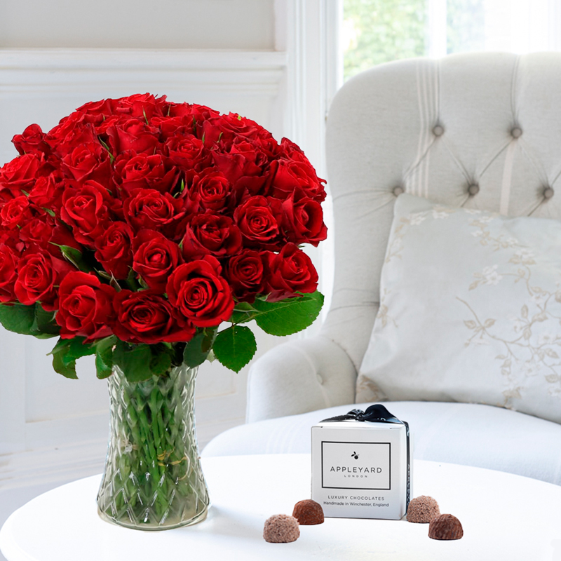 Flower Gift Set - 50 Red Roses & 6 Mixed Truffles - Next Day Flower & Gift Delivery UK - Appleyard London