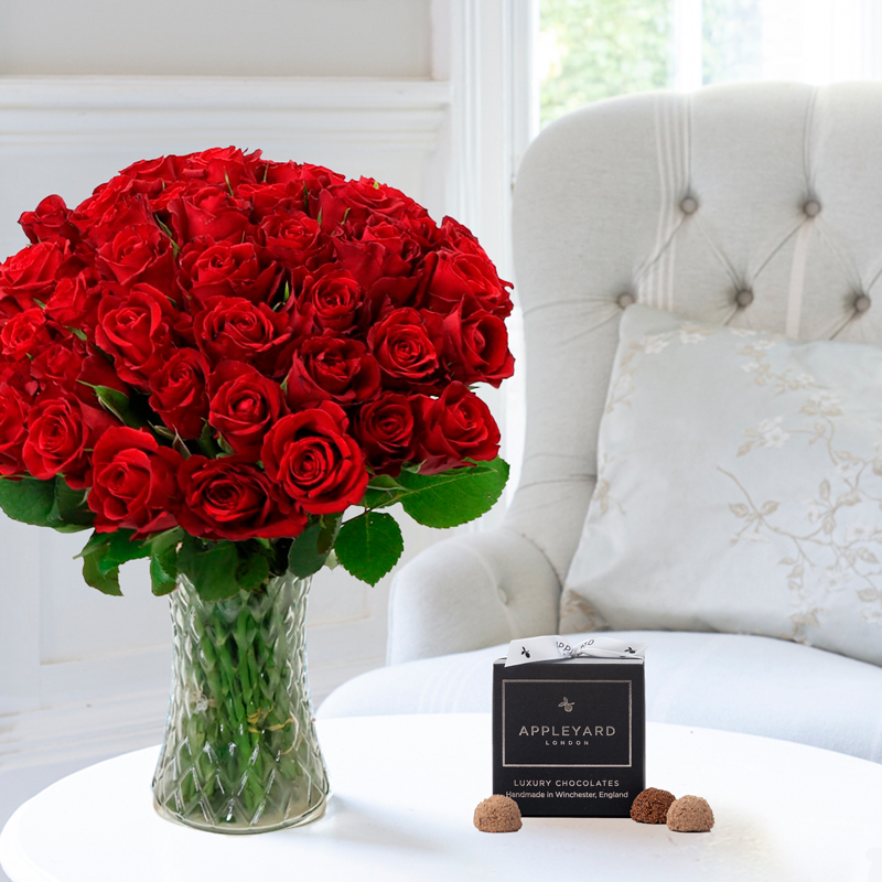 Flower Gift Set - 50 Red Roses & 12 Mixed Truffles - Next Day Flower & Gift Delivery UK - Appleyard London