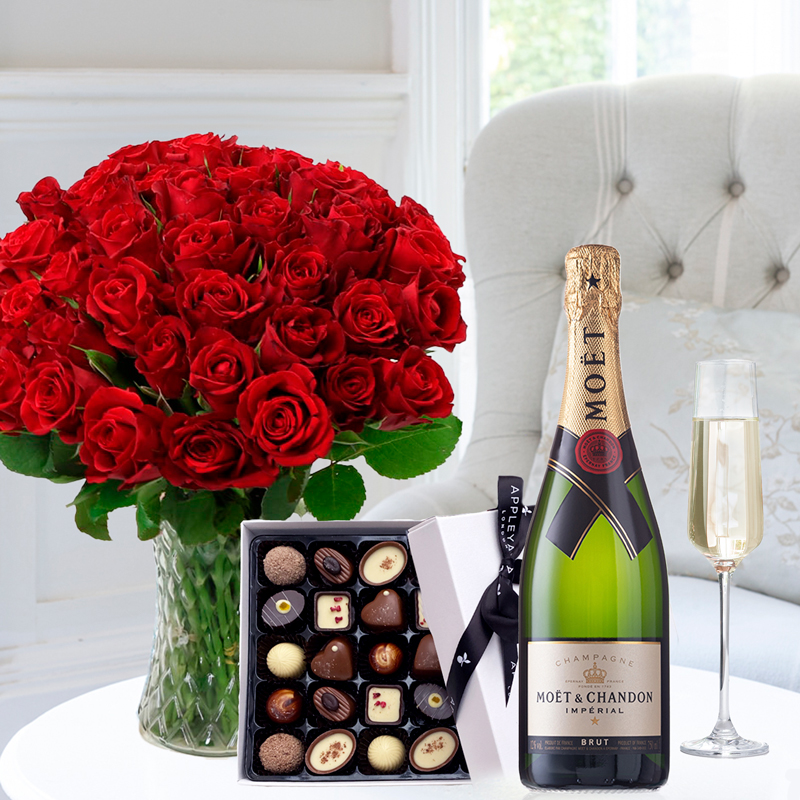 Flower Gift Set - 50 Red Roses, Moët & Chandon & 25 Chocolates - Next Day Flower & Gift Delivery UK - Appleyard London