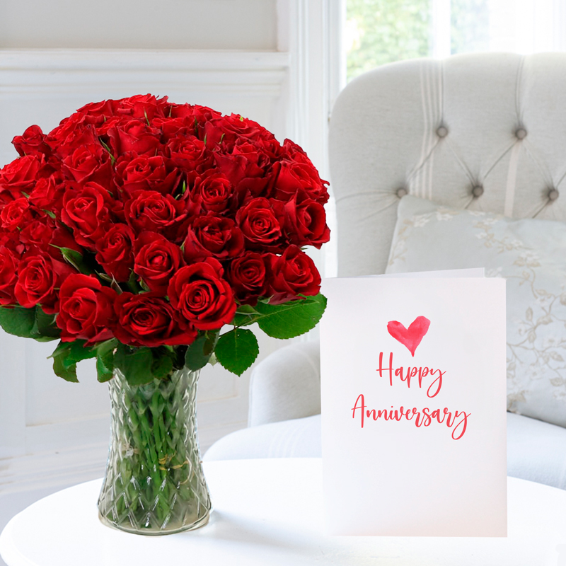 Anniversary Flower Gift Set - 50 Red Roses & Anniversary Card - Next Day Flower & Gift Delivery UK - Appleyard London