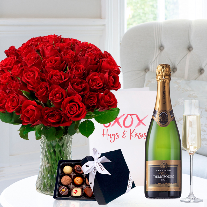 Romance Flower Gift Set - 50 Red Roses, Dericbourg Champagne, Box of 9 Chocolates & Romance Card - Next Day Flower & Gift Delivery UK - Appleyard