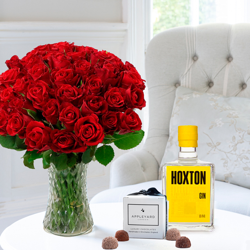 Flower Gift Set - 50 Red Roses, Tropical Gin & 6 Mixed Truffles - Next Day Flower & Gift Delivery UK - Appleyard London