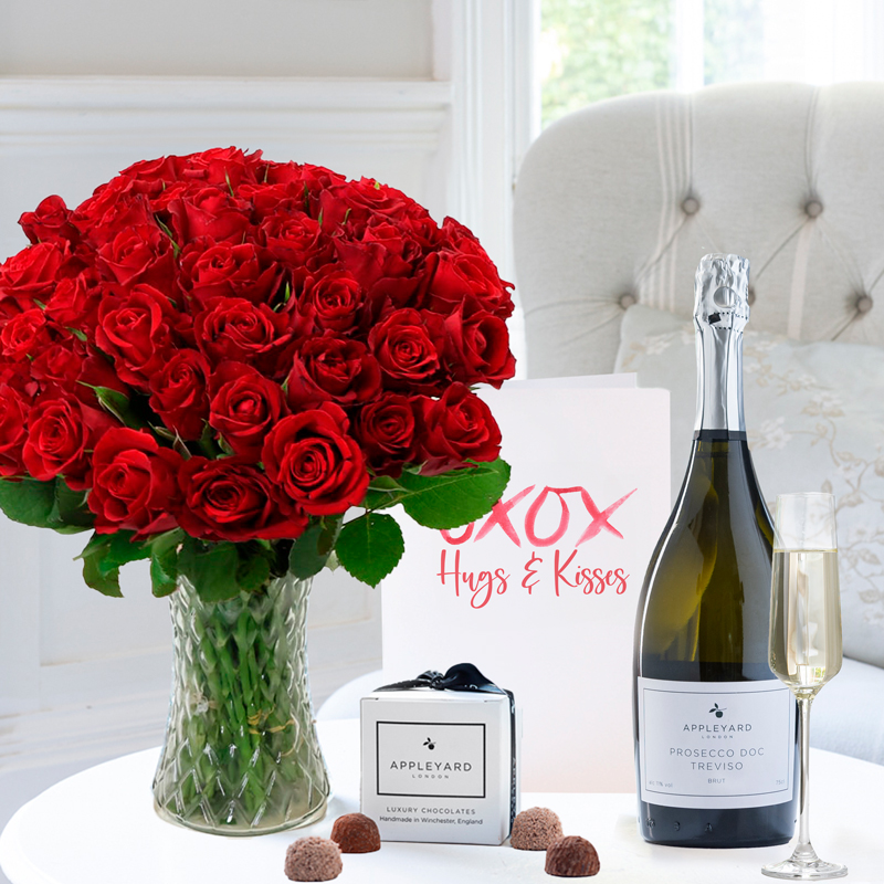 Romance Flower Gift Set - 50 Red Roses, Prosecco, 6 Mixed Truffles & Romance Card - Next Day Flower & Gift Delivery UK - Appleyard London
