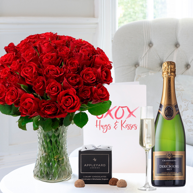 Romance Flower Gift Set - 50 Red Roses, Dericbourg Champagne, 12 Mixed Truffles & Romance Card - Next Day Flower & Gift Delivery UK - Appleyard London