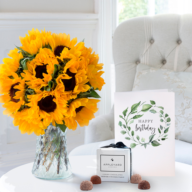 Birthday Flower Gift Set - Summer Sunflowers, 6 Mixed Truffles & Birthday Card - Sunflowers - Next Day Flower & Gift Delivery UK - Appleyard London