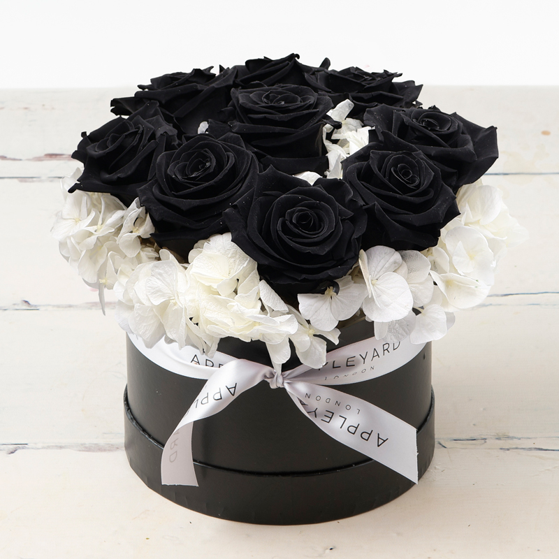 Black Rose & White Hydrangea Hatbox - Preserved Roses & Hydrangeas - Flower Bouquet - Next Day Flower Delivery UK - Appleyard London