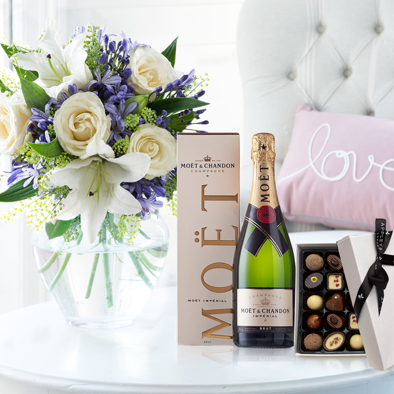 Flower Gift Set - Bluebelle, Moët Imperial NV Gift Box & Box of 25 Chocolates - Agapanthus & Lilies - Next Day Flower & Gift Delivery UK - Appleyard
