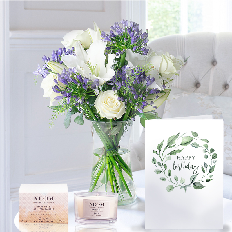 Birthday Flower Gift Set - Bluebelle, NEOM Candle & Birthday Card - Agapanthus & Lilies - Next Day Flower & Gift Delivery UK - Appleyard London