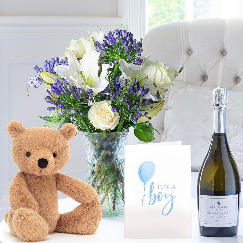 New Baby Flower Gift Set Bluebelle, Prosecco, Jellycat Rufus Bear & Baby Boy Card - Next Day Flower & Gift Delivery UK - Appleyard London