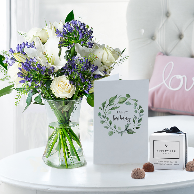 Birthday Flower Gift Set - Bluebelle, 6 Mixed Truffles, Vase & Birthday Gift Card - Agapanthus & Greenbell - Next Day Flower & Gift Delivery UK -