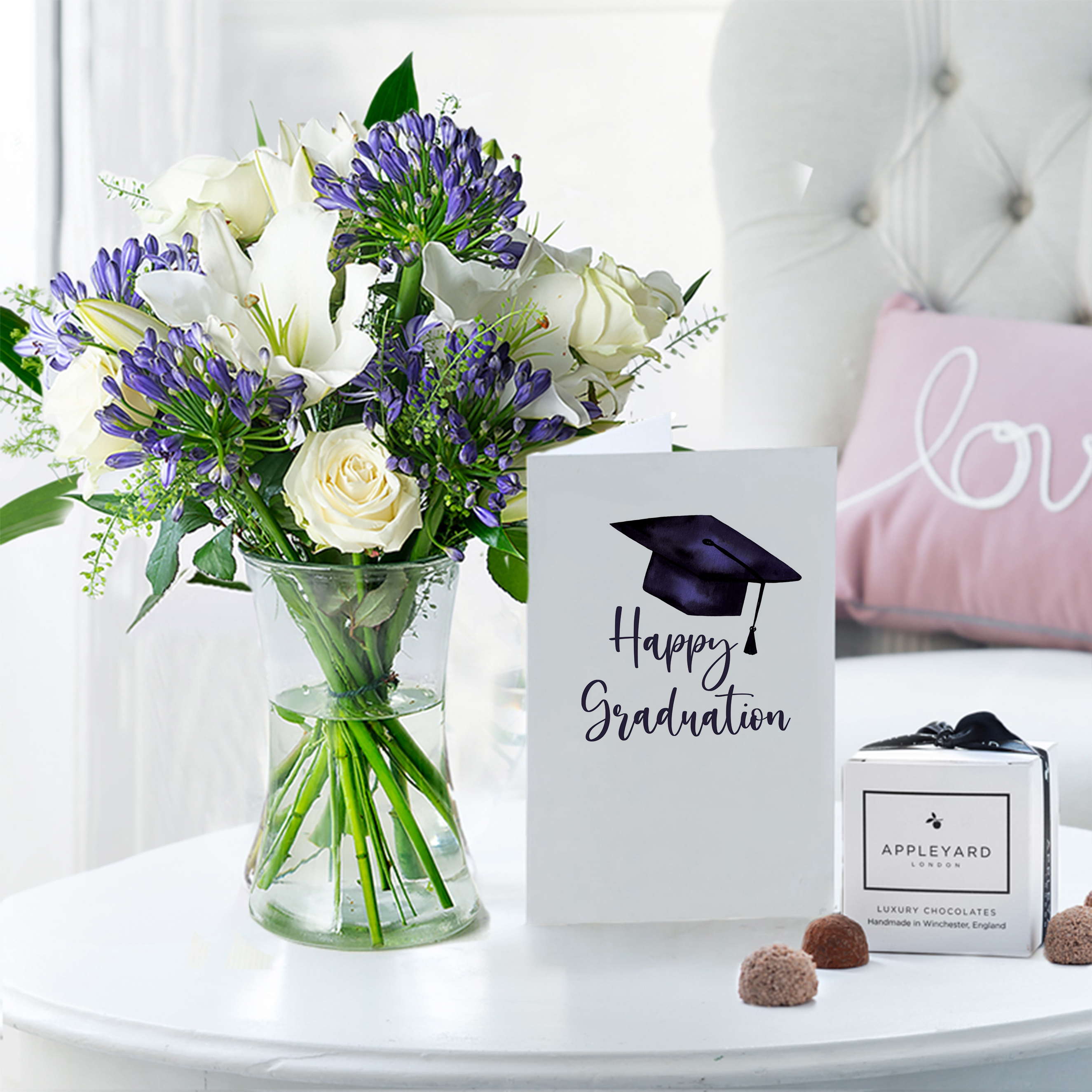 Flower Gift Set Graduation - Bluebelle, Vase, 6 Mixed Truffles & Card - Agapanthus & Greenbell - Next Day Flower & Gift Delivery UK - Appleyard London