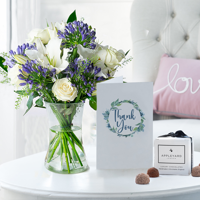 Flower Gift Set Thank You - Bluebelle, Vase, 6 Mixed Truffles & Card - Agapanthus & Greenbell - Next Day Flower & Gift Delivery UK - Appleyard London