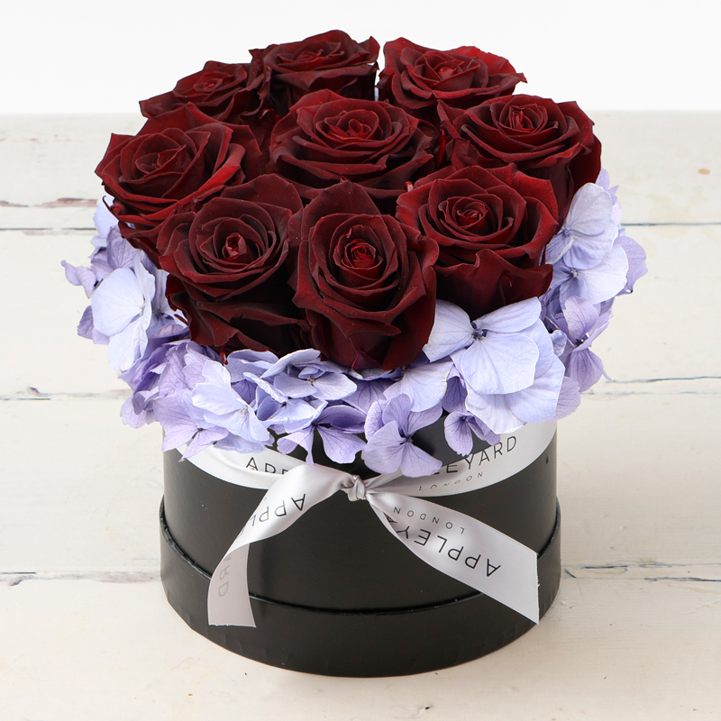 Burgundy Rose & Lavender Hydrangea Hatbox - Preserved Roses & Hydrangeas - Flower Bouquet - Next Day Flower Delivery UK - Appleyard