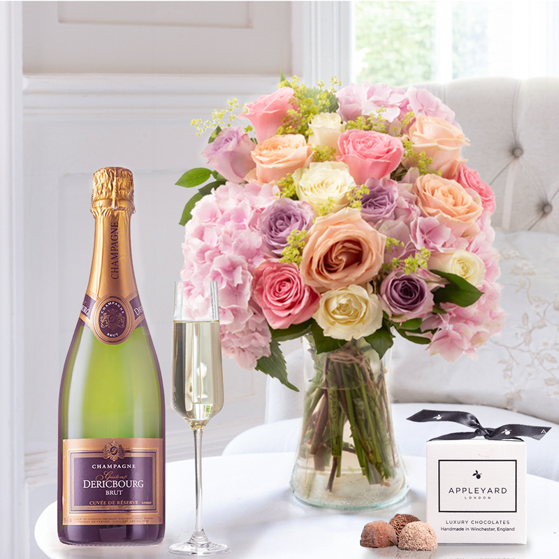 Flower Gift Set - Candy Clouds, Champagne Dericbourg & 6 Mixed Truffles - Hydrangeas & Roses - Next Day Flower & Gift Delivery UK - Appleyard London