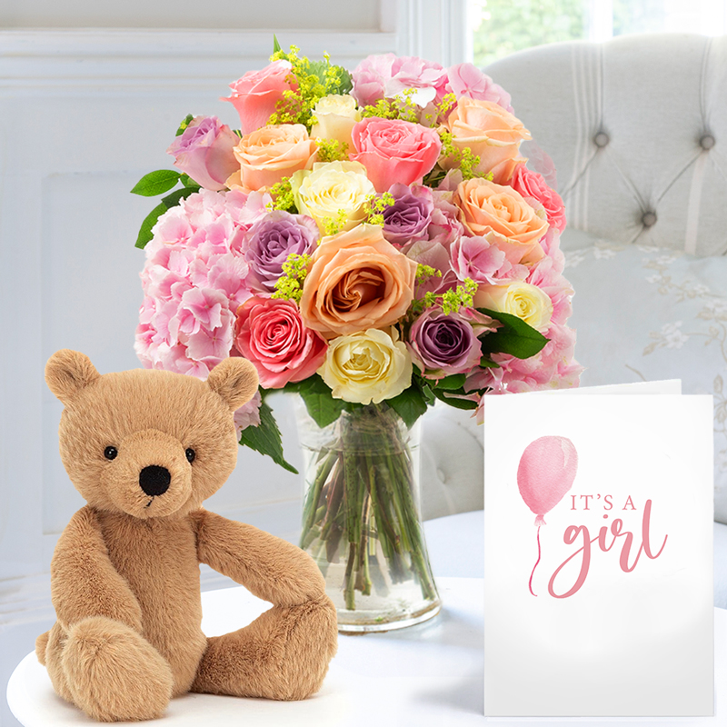 New Baby Flower Gift Set - Candy Clouds, Jellycat Rufus Bear & Baby Girl Card - Pink - Roses - Next Day Flower & Gift Delivery UK - Appleyard London