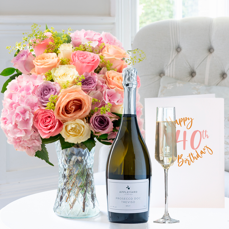40th Birthday Gift Flower Gift Set - Candy Clouds, Appleyard Prosecco & Birthday Card - Hydrangea & Roses - Next Day Flower & Gift Delivery UK -