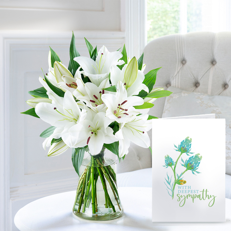 Sympathy Flower Gift Set - Casablanca Lily Bouquet, Vase & Sympathy Card - White - Lilies - Next Day Flower & Gift Delivery UK - Appleyard London