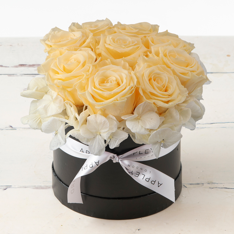 Champagne Sparkle Hatbox - Preserved Roses & Hydrangeas - Flower Bouquet - Next Day Flower Delivery UK - Appleyard London