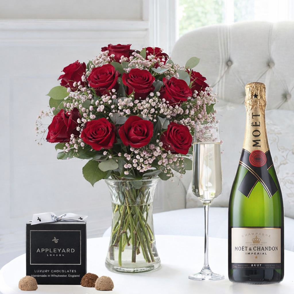 Flower Gift Set - 12 Opulent Red Roses, Moët & Chandon & 12 Mixed Truffles - Next Day Flower & Gift Delivery UK - Appleyard London