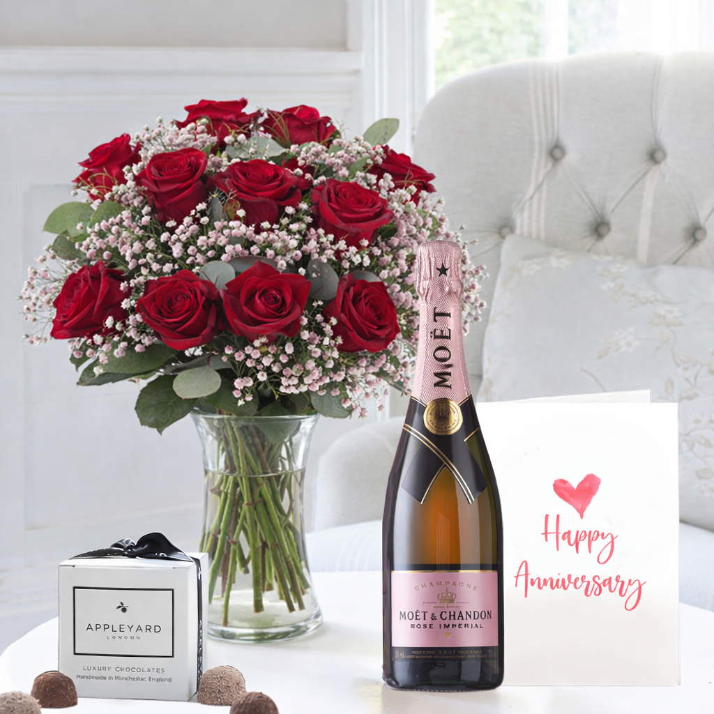 Anniversary Flower Gift Set - 12 Large Headed Red Roses, Moët Rosé, Chocolates & Anniversary Card - Next Day Flower & Gift Delivery UK - Appleyard