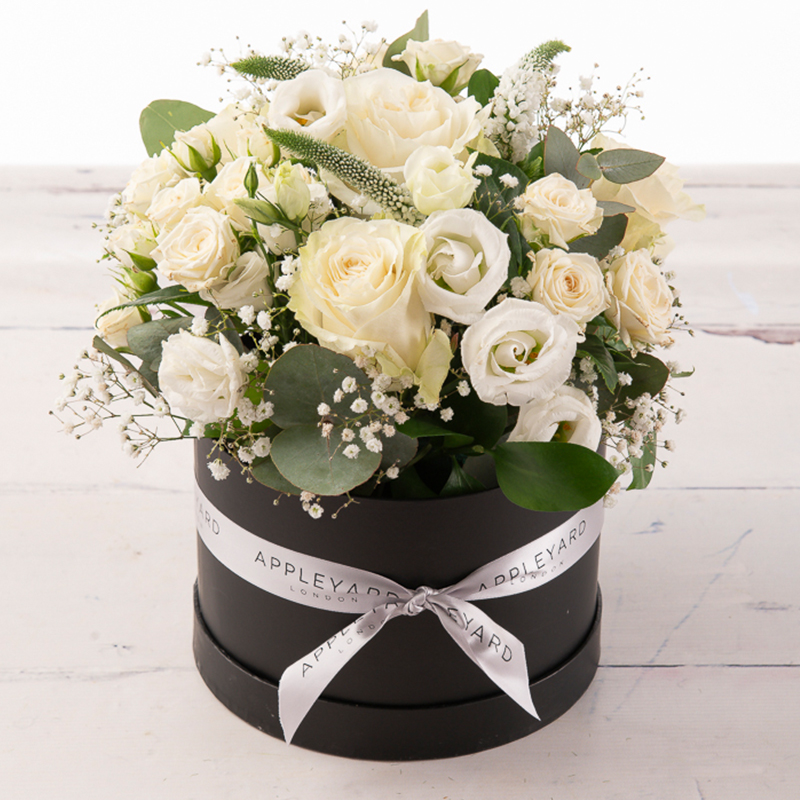Cherish Hatbox - Black - Eucalyptus & Gypsophilla - Flower Bouquet - Next Day Flower Delivery UK - Appleyard London