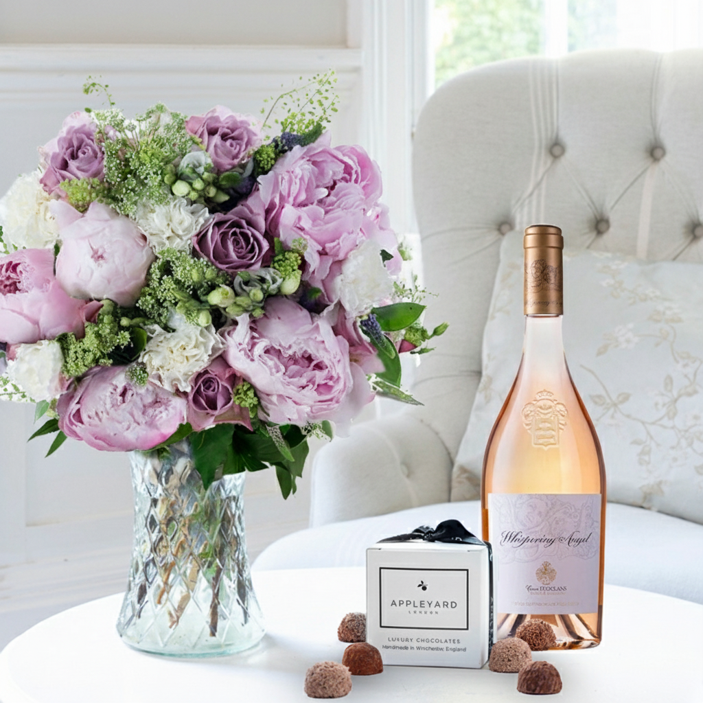 Flower Gift Set - Lilac Rose & Pink Peony, Whispering Angel & 6 Mixed Truffles - Peonies - Next Day Flower & Gift Delivery UK - Appleyard London