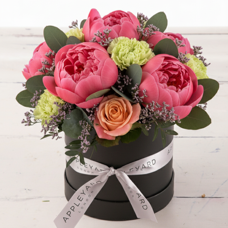 Pink Peony Sunset Hatbox - Coral - Peonies & Roses - Flower Bouquet - Next Day Flower Delivery UK - Appleyard London