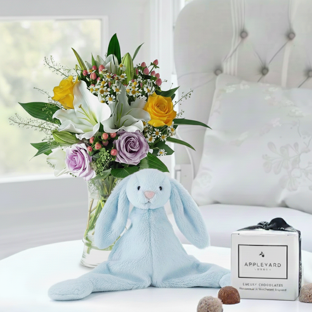 Flower Gift Set - Glaze, Jellycat Blue Bunny Comforter & 6 Appleyard Truffles - Chrysanthemum & Hypericum Berry - Next Day Flower & Gift