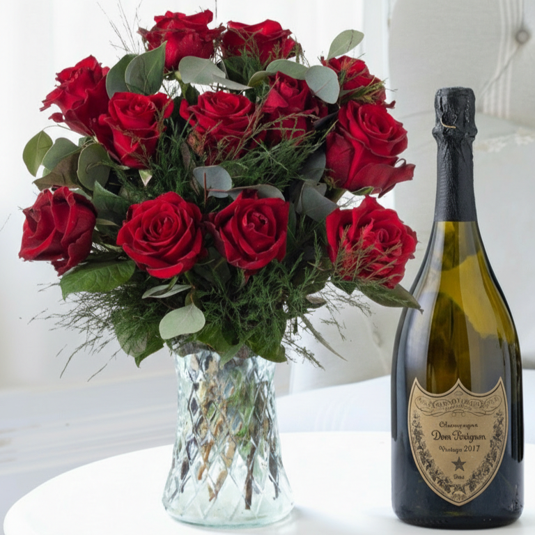 Flower Gift Set - 12 Opulent Red Roses & Dom Perignon - Next Day Flower & Gift Delivery UK - Appleyard London