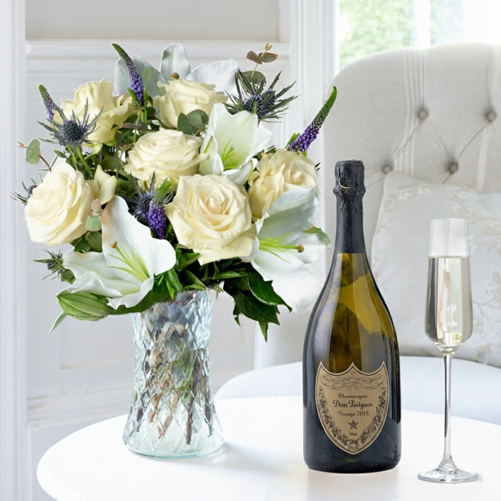 Flower Gift Set Lunar & Dom Perignon - Blue - Next Day Flower & Gift Delivery UK - Appleyard London