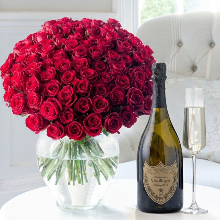 Flower Gift Set - 100 Luxury Red Roses & Dom Perignon - Next Day Flower & Gift Delivery UK - Appleyard London