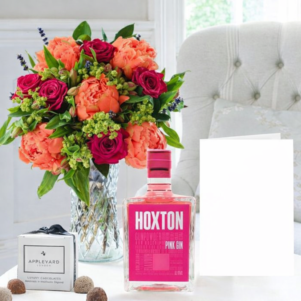 Pomegranate Rose & Coral Charm Peony, Pink Gin, Truffles & Card - Flower Gift Set - Next Day Flower & Gift Delivery UK - Appleyard London