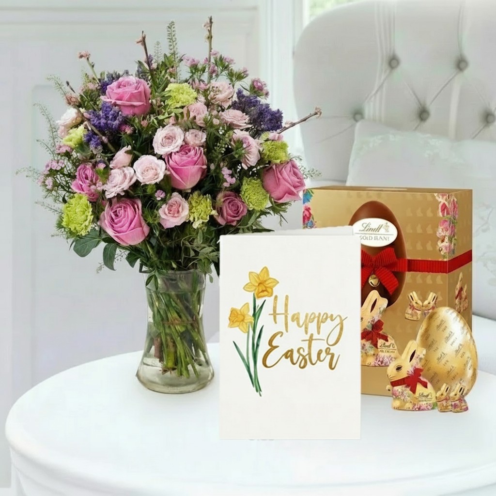 Flower Gift Set - English Garden, Lindt Gold Bunny Milk Chocolate Easter Egg & Easter Card - Carnations & Cherry Blossom - Next Day Flower &