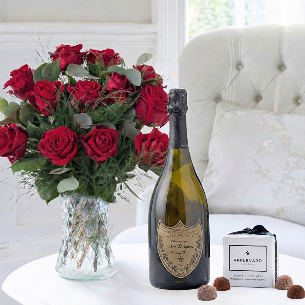 Flower Gift Set - 12-24 Large Headed Red Roses, 6 Truffles & Dom Perignon - Next Day Flower & Gift Delivery UK - Appleyard London