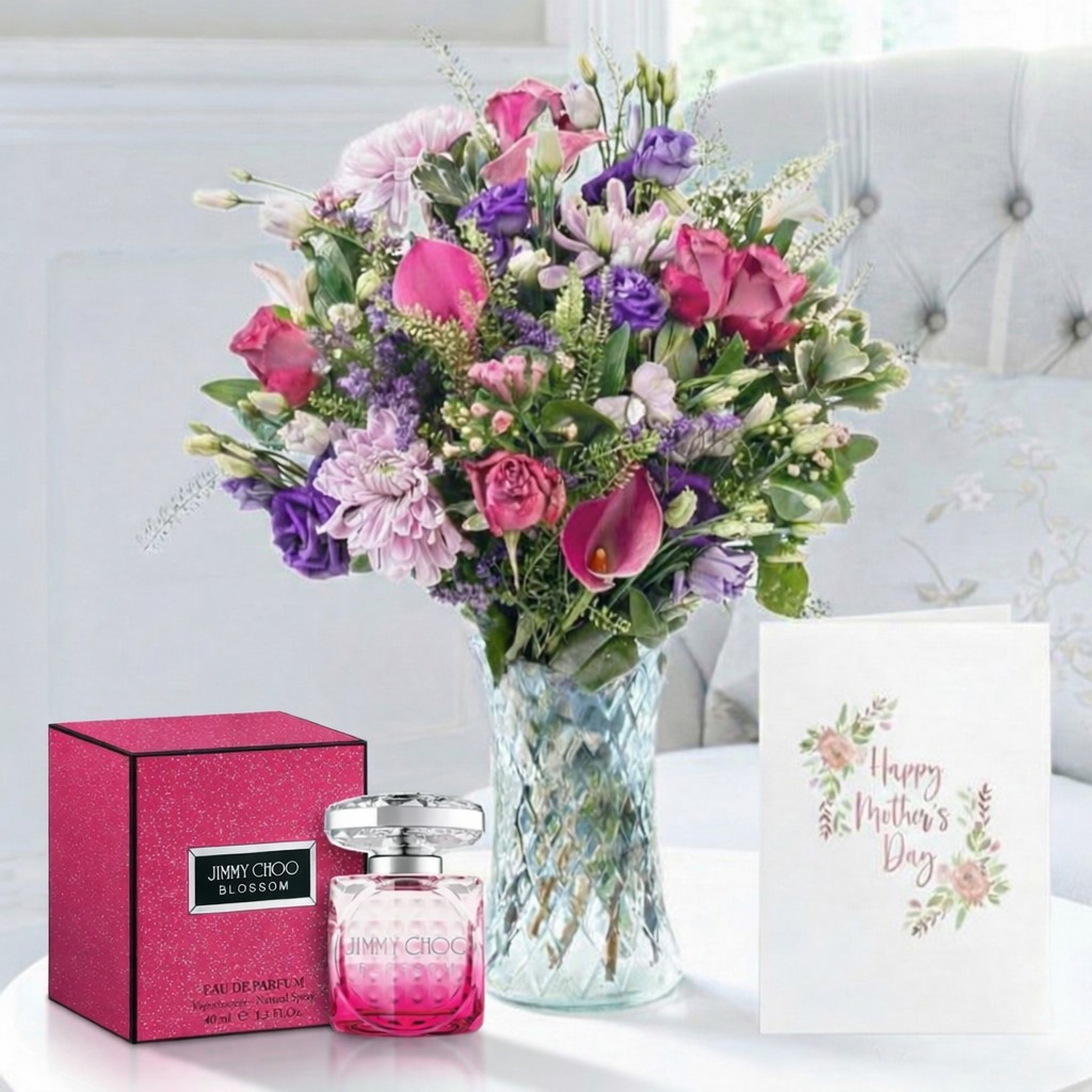 Afternoon Tea Bouquet, Jimmy Choo Rose Passion & Mother's Day Card | Flowers & Perfume | Mother's Day Flowers & Gifts Delivery UK - Appleyard London
