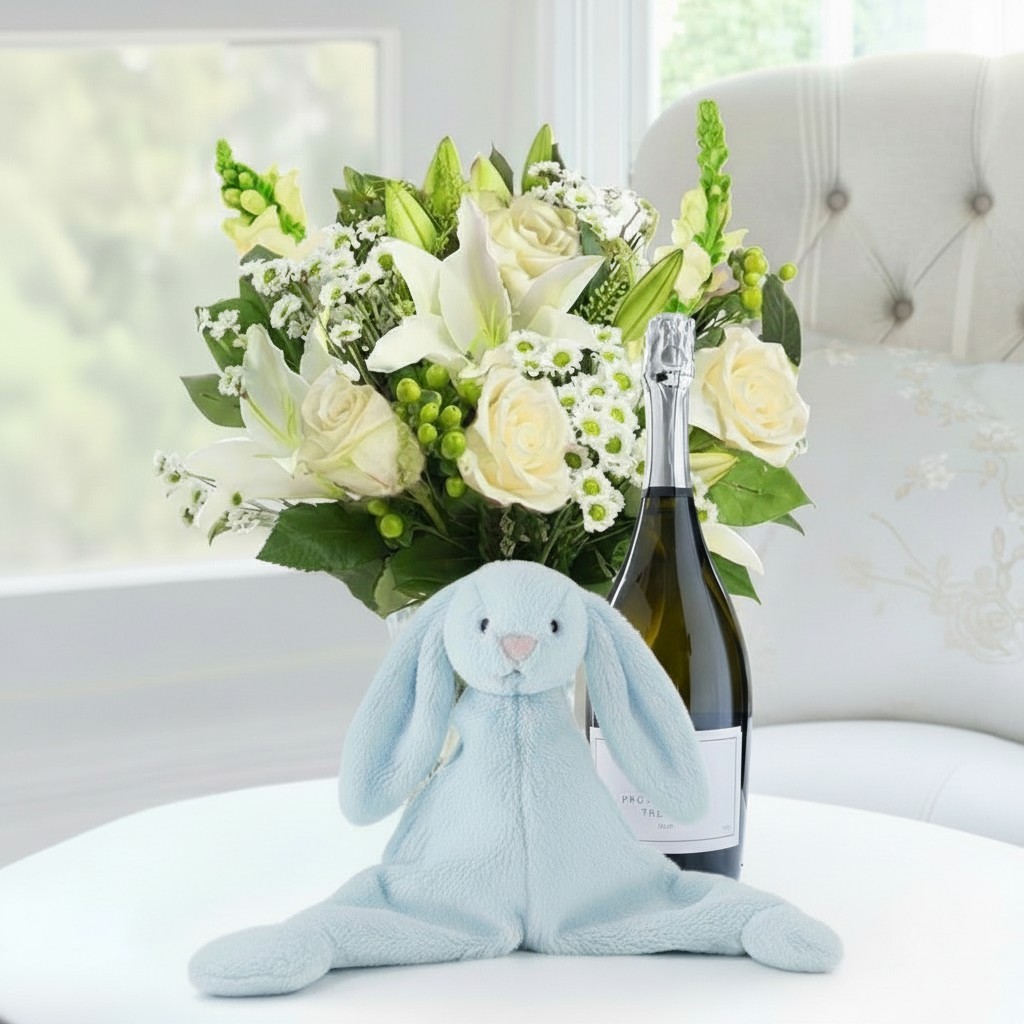 Flower Gift Set - Simply White Rose & Lily, Jellycat Blue Bunny Comforter & Appleyard Prosecco - Antirrhinum & Chrysanthemum - Next Day
