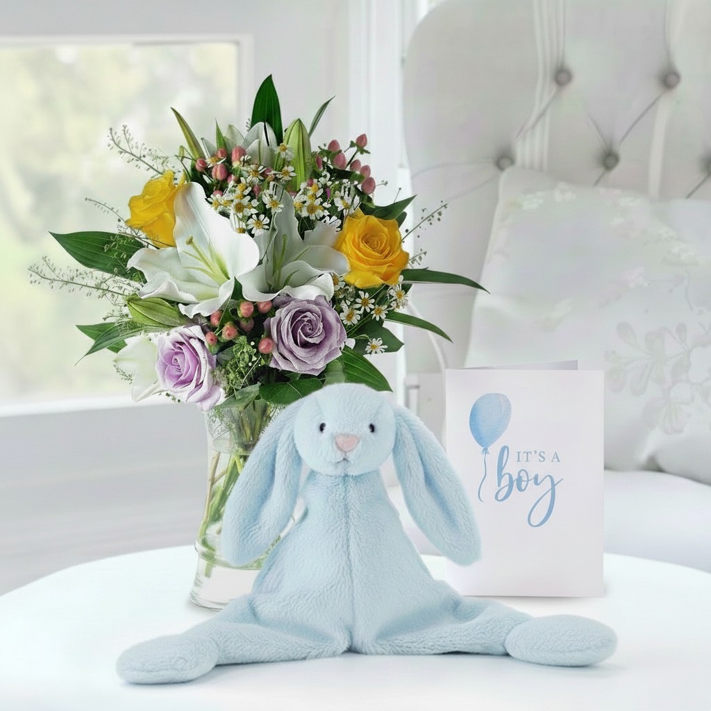 Flower Gift Set - Glaze, Jellycat Blue Bunny Comforter & Baby Boy Card - Chrysanthemum & Hypericum Berry - Next Day Flower & Gift Delivery UK