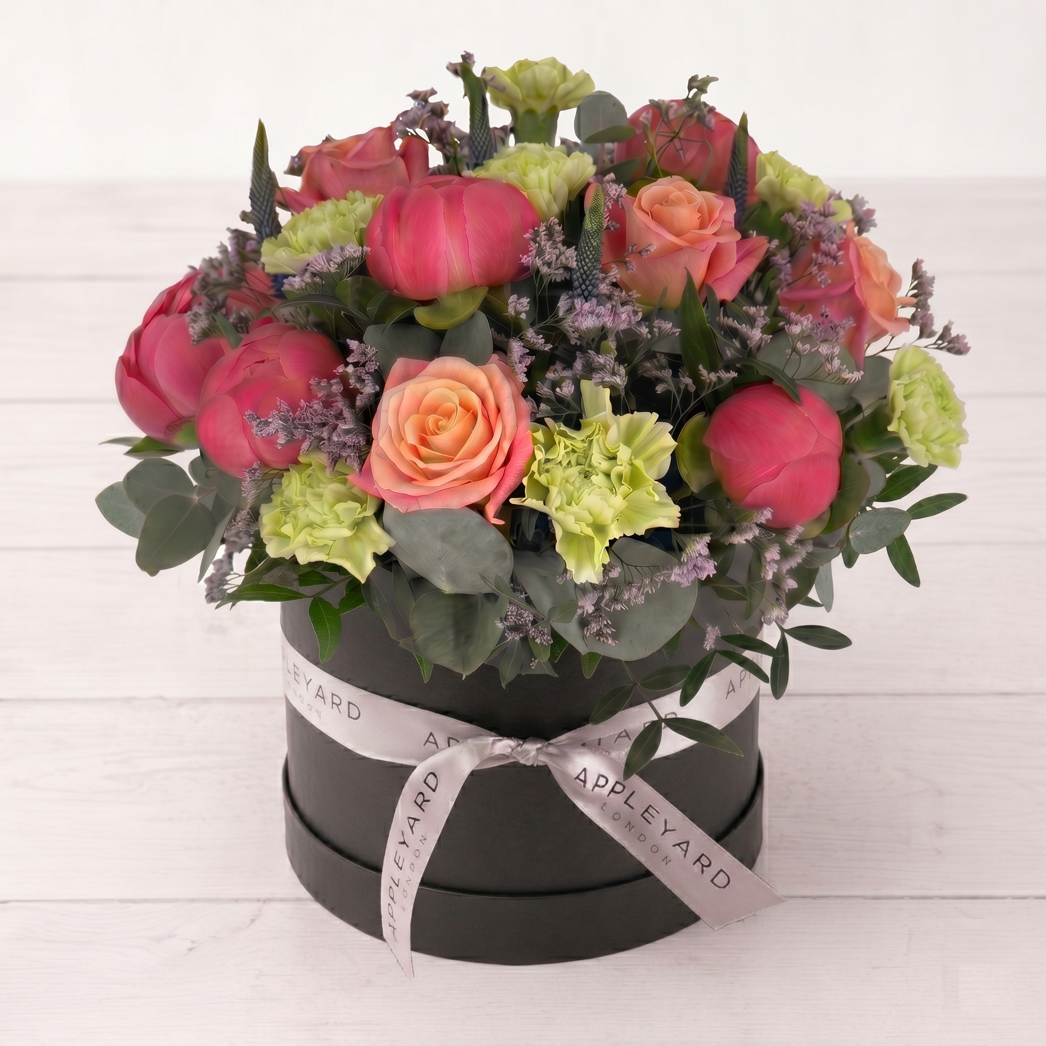 Coral Charm Peony Sunset Hatbox - Coral - Peonies & Roses - Flower Bouquet - Next Day Flower Delivery UK - Appleyard London