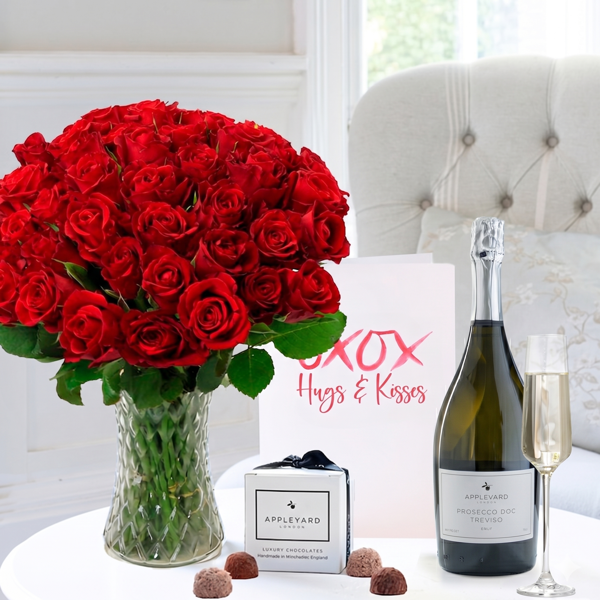 Romance Flower Gift Set - 50 Red Roses, Prosecco, 6 Mixed Truffles & Romance Card - Next Day Flower & Gift Delivery UK - Appleyard London