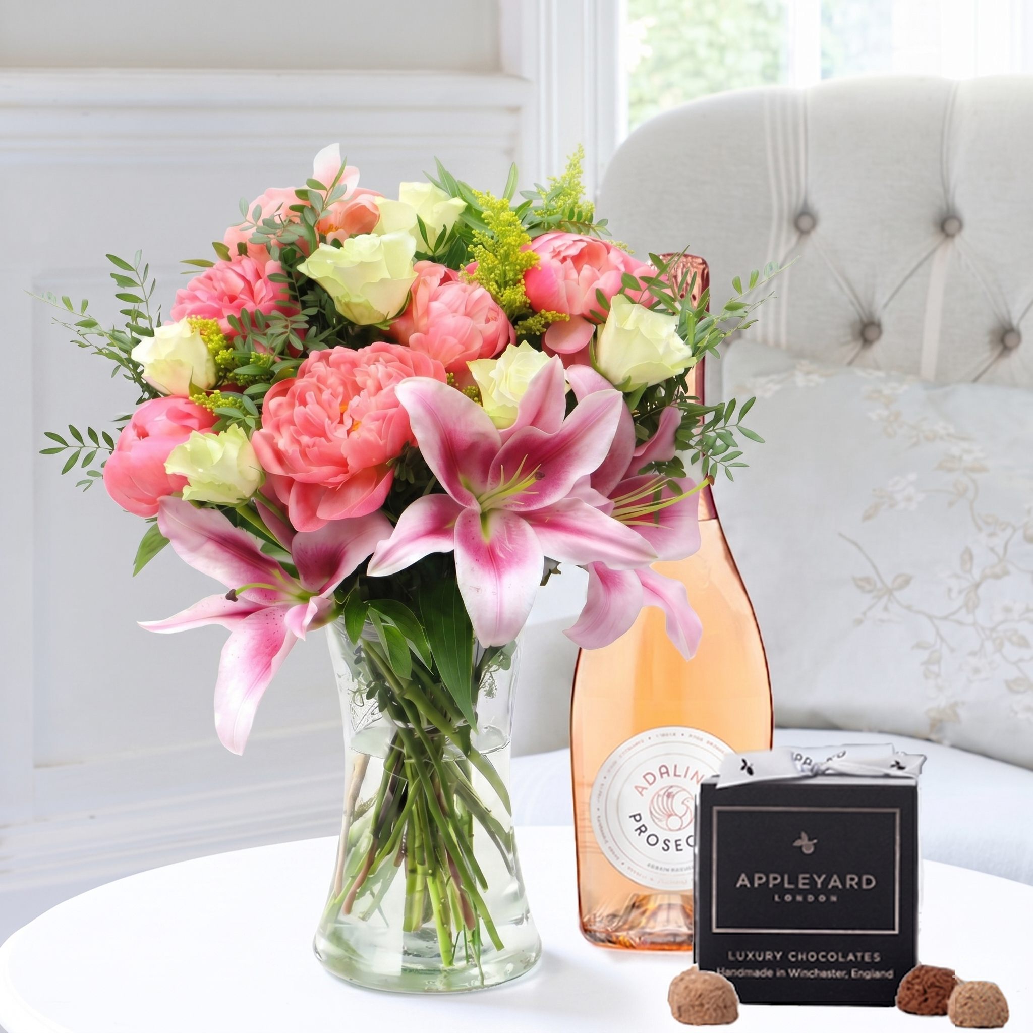 Flower Gift Set - Coral Charm Peony, Rose & Lily, Prosecco Rosé & 12 Truffles - Pink - Alstroemeria & Chrysanthemum - Next Day Flower & Gift Delivery