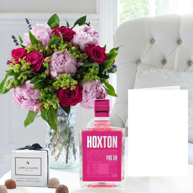 Pomegranate Rose & Pink Peony, Pink Gin, Truffles & Card - Flower Gift Set - Next Day Flower & Gift Delivery UK - Appleyard London
